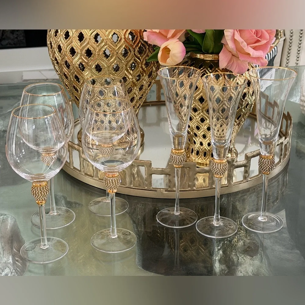 Set of 3 Z Gallerie Elegant Gold and Clear Champagne Flutes